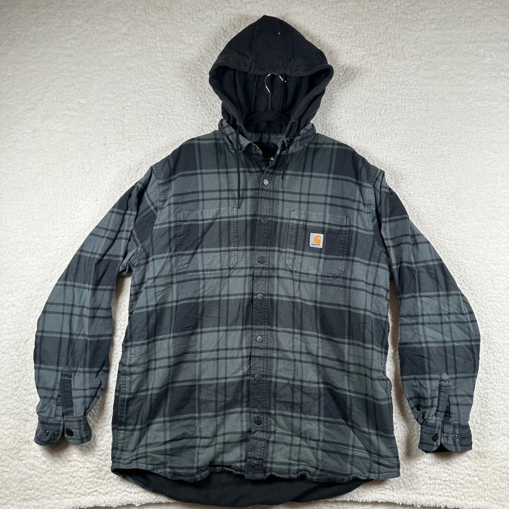 Carhartt Hooded Shirt Jacket Men Relaxed Fit Plaid Fleece Lined XL Tall Workwear